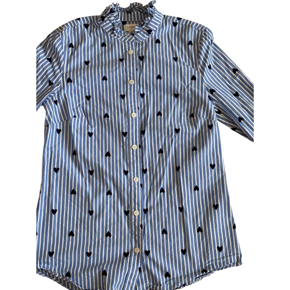 J. Crew Blue White Stripe Heart Print Button Up Shirt Top XXS Business casual - Picture 5 of 6
